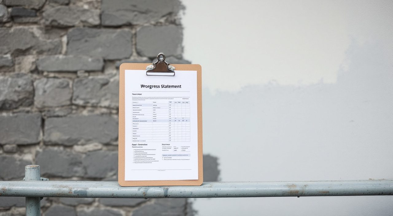 Feuille de situation de travaux posée sur une planche d'échafaudage devant une façade à moitié décroûtée