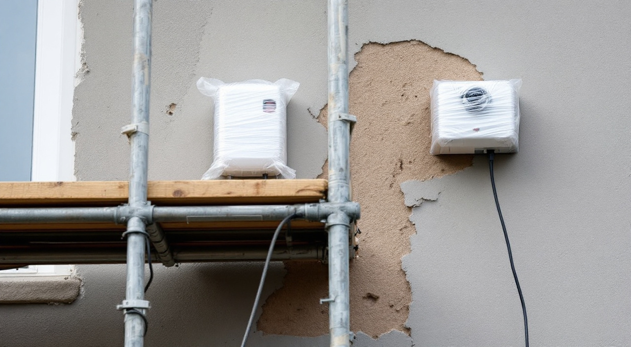 Sirène d'alarme et caméra emballées sous film de protection sur une façade en travaux, devant un platelage d'échafaudage
