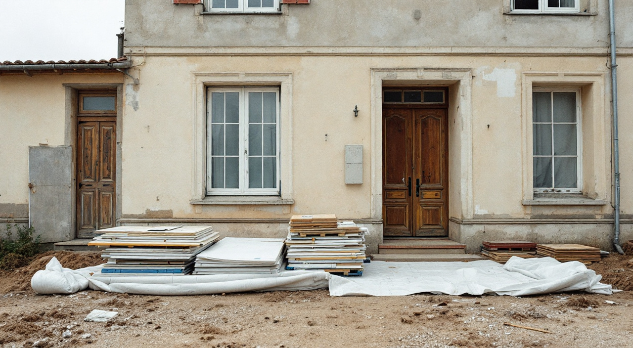 Pied de chantier rangé en fin de journée, matériaux empilés