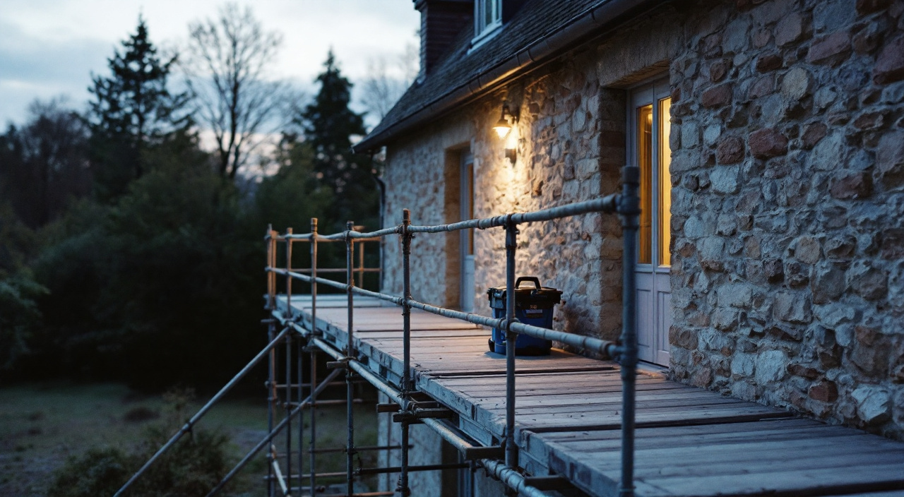 Plancher d'échafaudage dégagé en fin de journée, garde-corps et plinthe visibles, outillage rangé contre le mur
