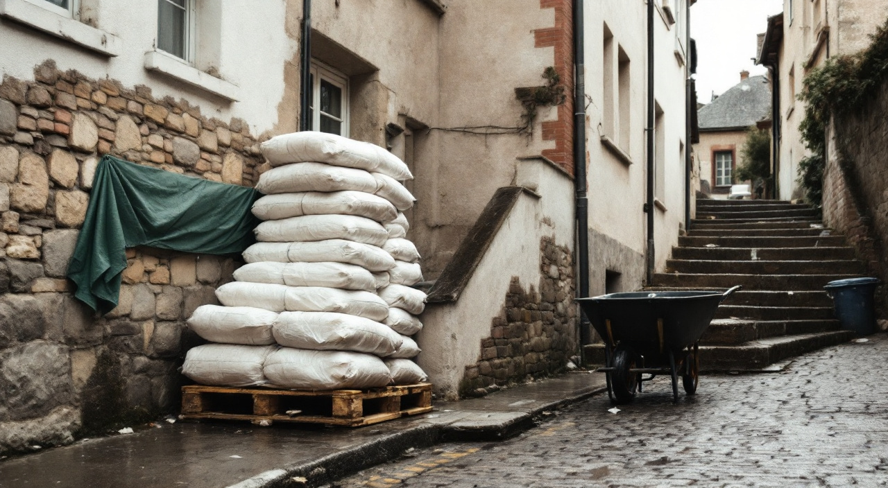 Palette de sacs de mortier calée sur bastaings dans une rue en pente d'un bourg normand, brouette à l'arrêt et marches de pierre descendant vers une façade