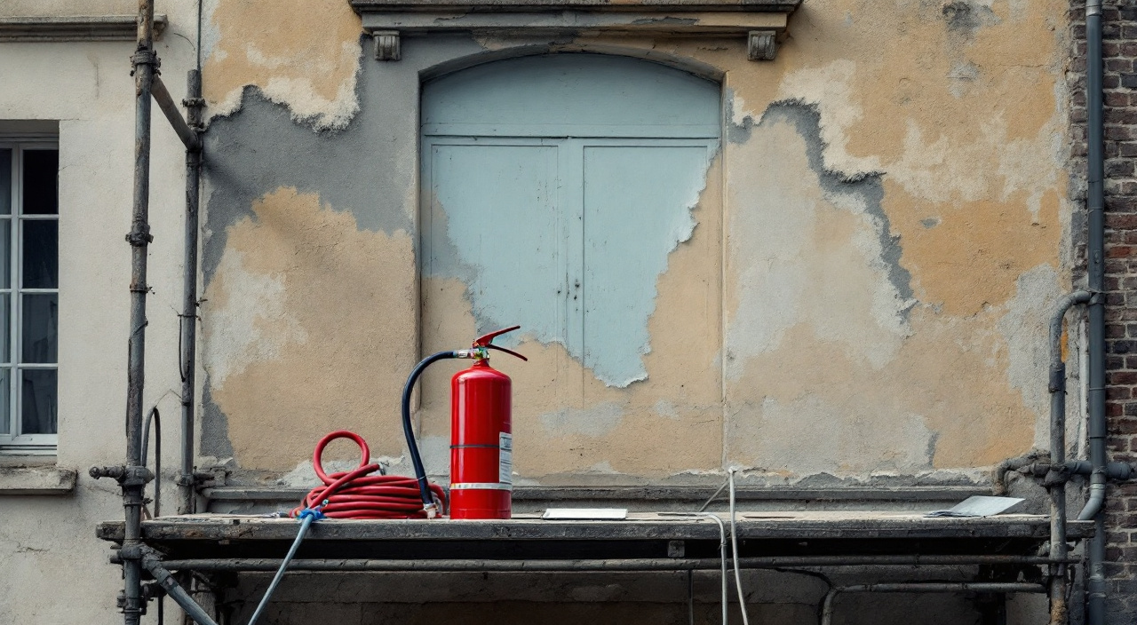Façade ancienne en pierre partiellement décapée, extincteur et tuyau d'eau posés sur le plancher d'échafaudage