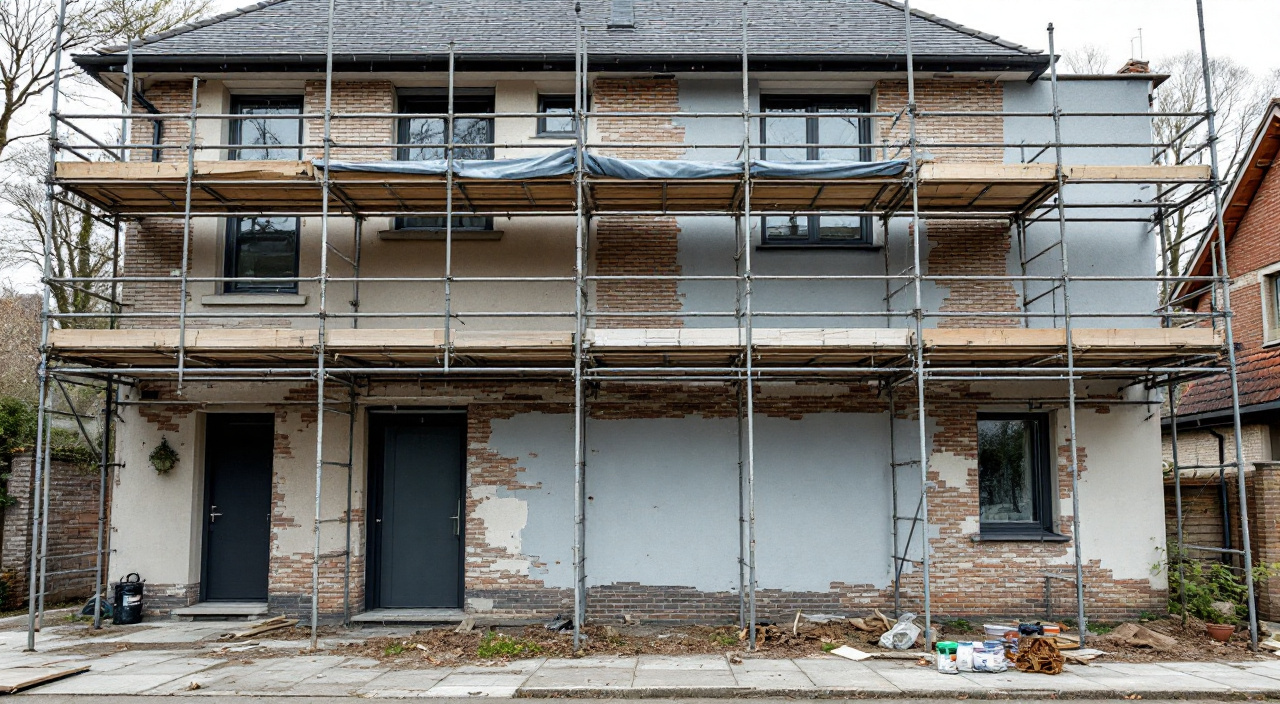 Échafaudage vide en fin de journée devant une façade décroûtée, avec une surface d'essai d'enduit appliquée à hauteur d'homme