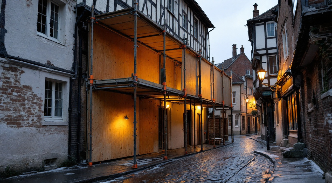 Passage piéton couvert aménagé sous un échafaudage devant une maison à colombages d'une rue de bourg ancien