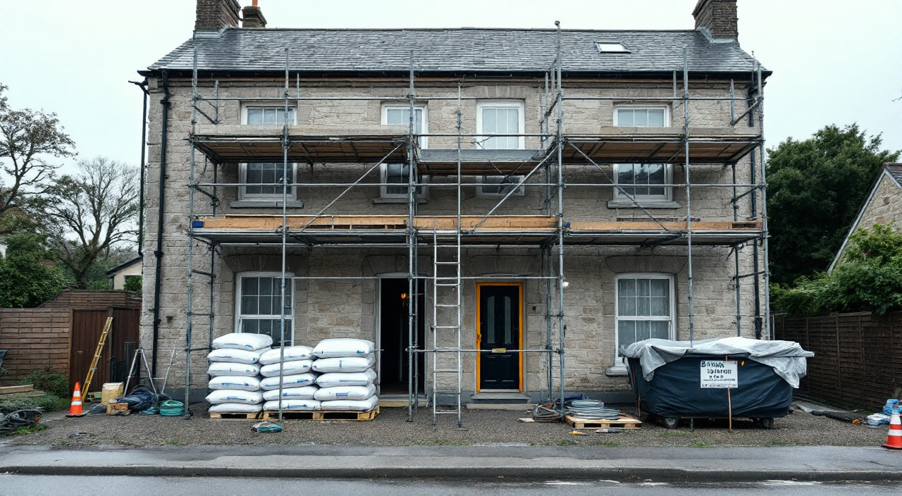 Échafaudage de façade à l'arrêt le week-end, échelle d'accès déposée et protections en place