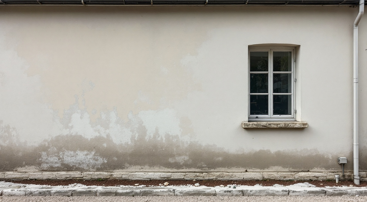 Façade enduite récemment, séchant de façon inégale au lendemain d'une pluie, avec zones claires et zones encore sombres