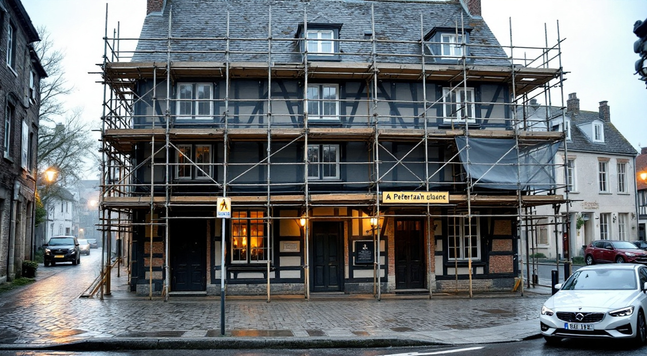 Échafaudage bâché contre une façade à pans de bois en rue étroite, pieds calés sur madriers, passage piéton maintenu au pied du mur