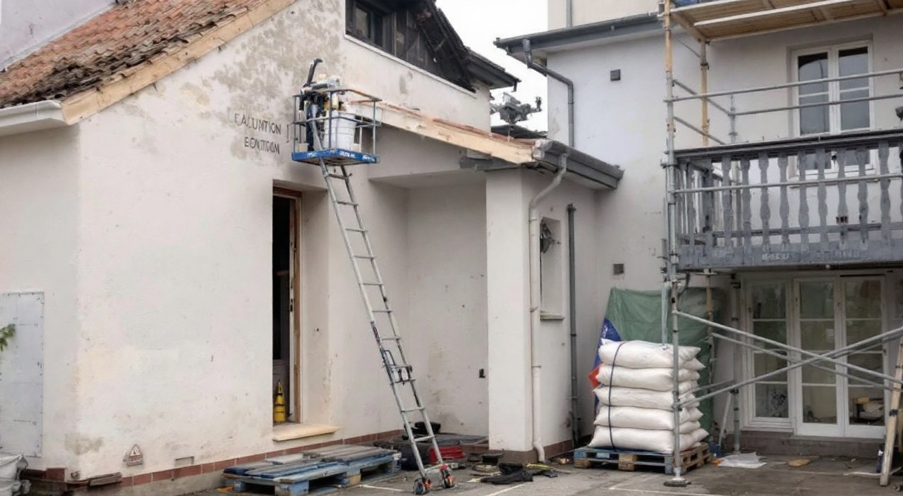 Treuil de chantier sur potence d'échafaudage remontant un seau de mortier le long d'une façade