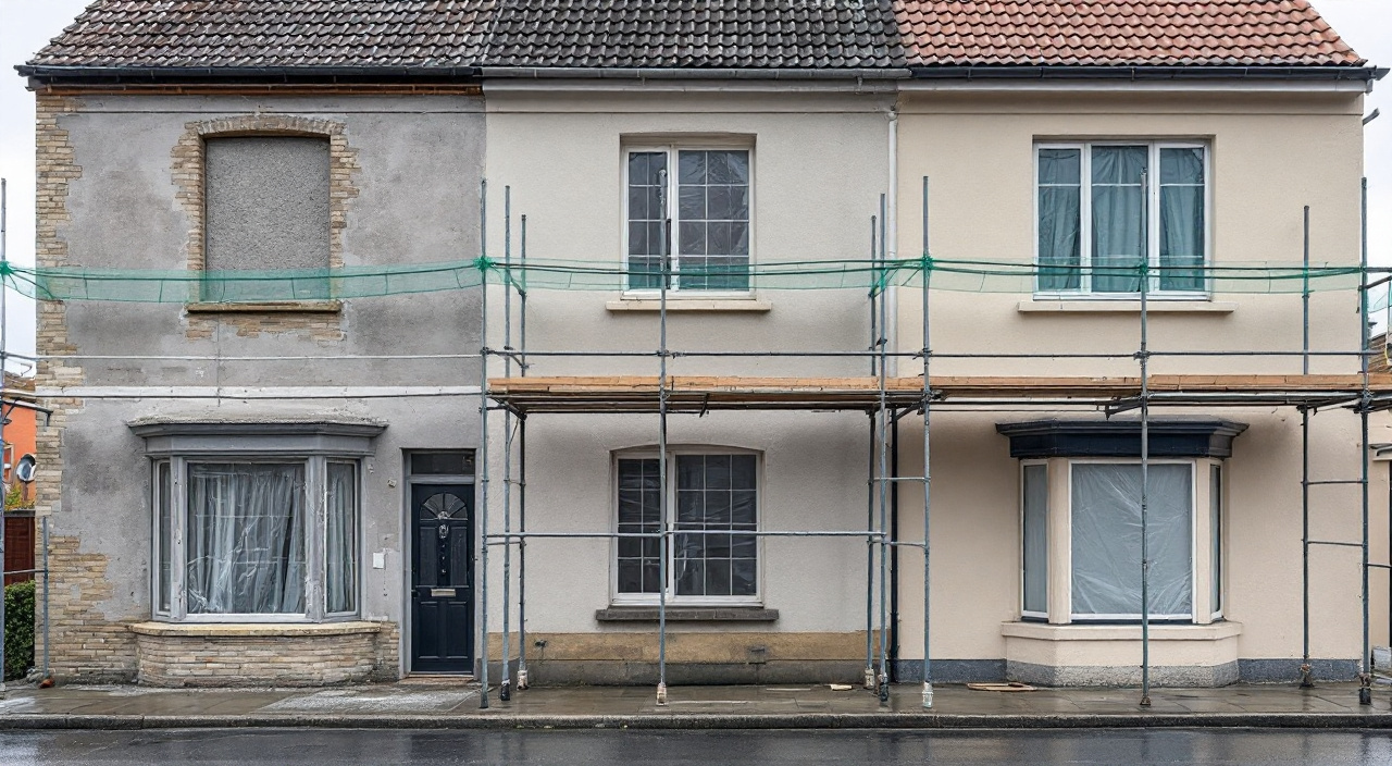 Façade en cours de ravalement montrant trois états successifs : pierre décroûtée, gobetis gris et finition crème, sous un échafaudage complet.