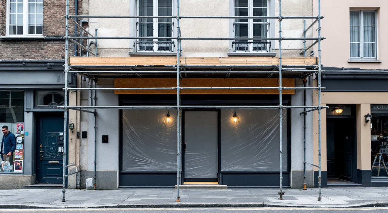 Échafaudage monté au-dessus de la devanture d'un commerce, avec passage piéton dégagé au pied et vitrine protégée par un film adhésif.