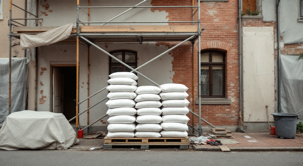 Palette de sacs d'enduit filmée au pied d'un échafaudage vide devant une façade en cours de préparation
